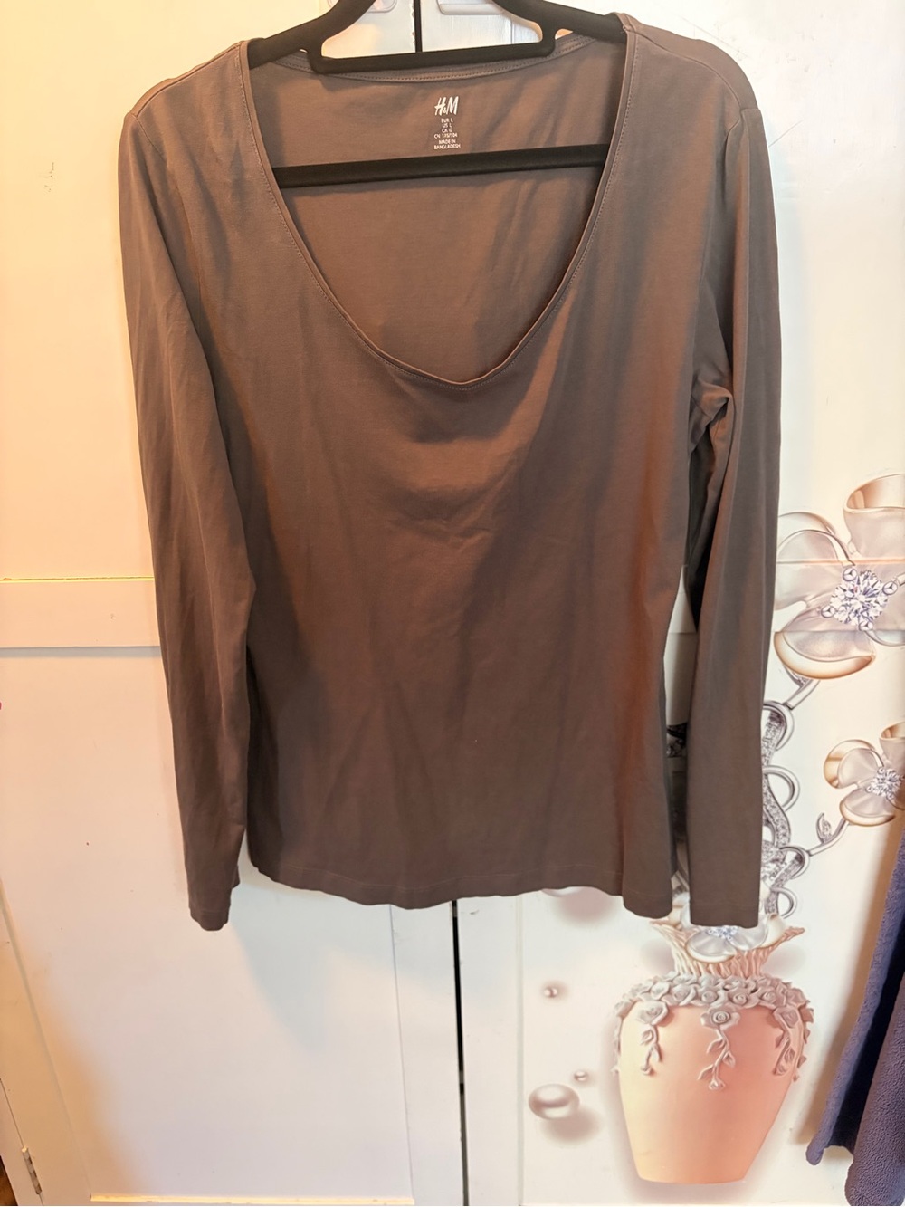 H&M Long-Sleeve Scoop Neck Top - Taupe Brown